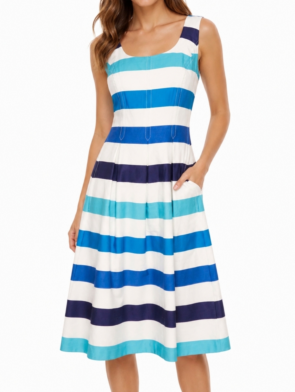 Nine West Striped Midi Dress in Navy, Teal, Aqua & White NWT